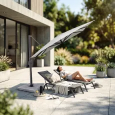 Парасоля з бічною опорою EASY SWING, light grey з базою EASY STAND + 2 шезлонги GRATTONI