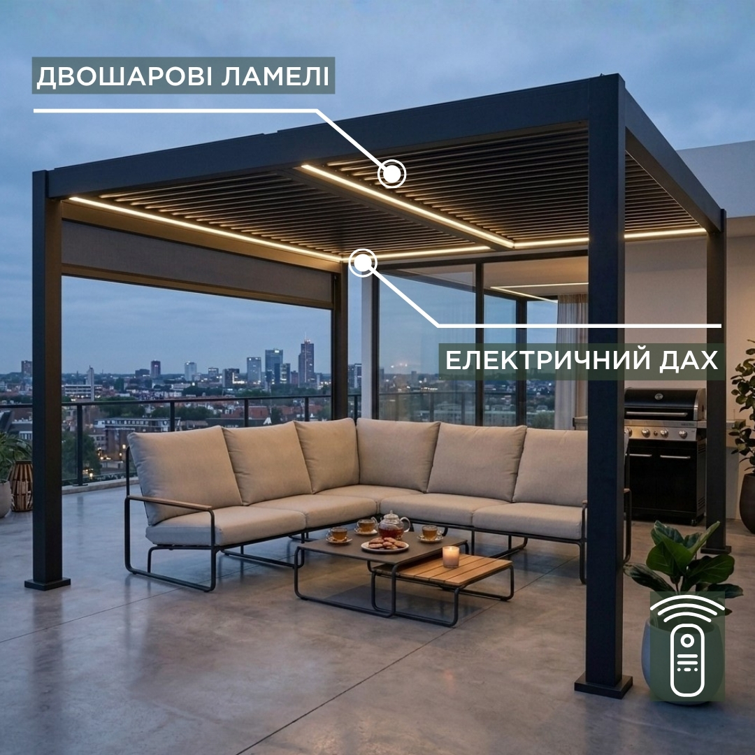 Альтанка Villa 4x4 м, дах open/close (електричний) + LED (тепле світло) , антрацит