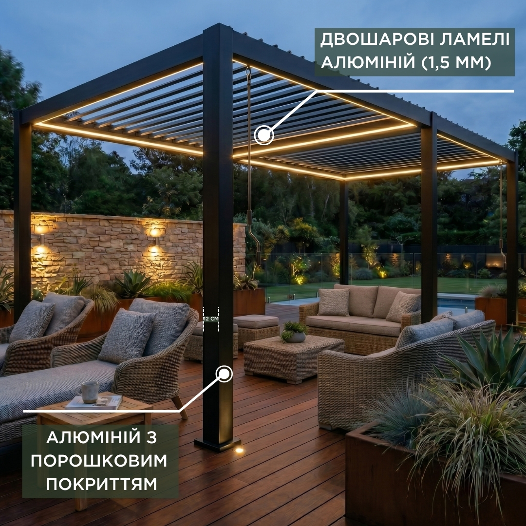 Беседка Villa 6х4 м, крыша open/close (механическая) + LED, антрацит