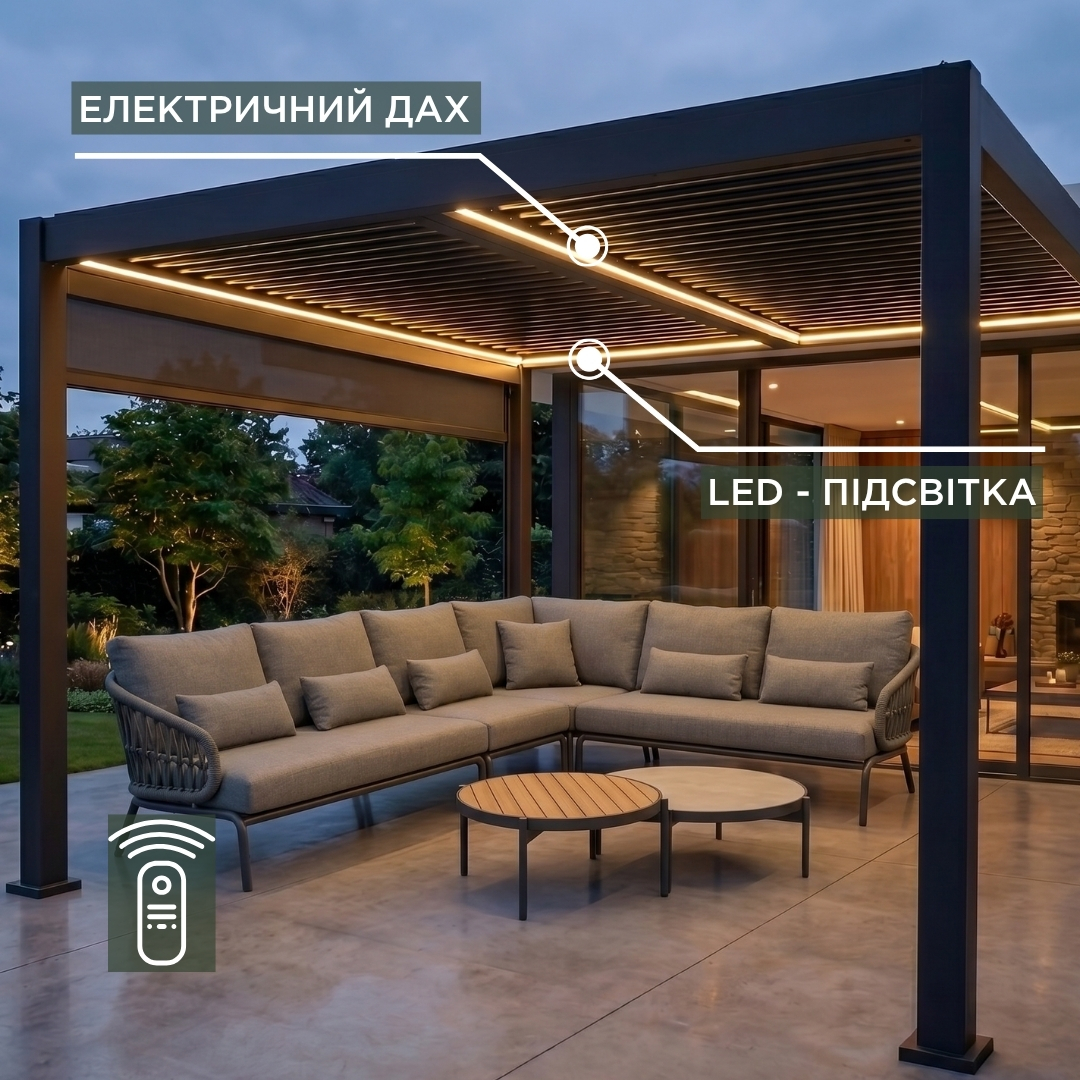 Альтанка Villa 3.6х4 м, дах open/close (електричний) + LED (тепле світло), антрацит
